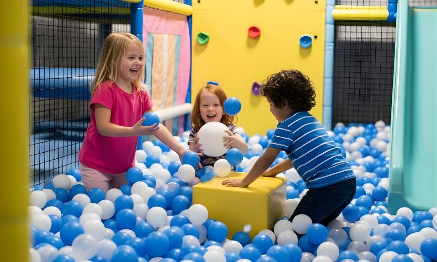Niños jugando en parque de bolas en Elche durante una celebración de cumpleaños infantil